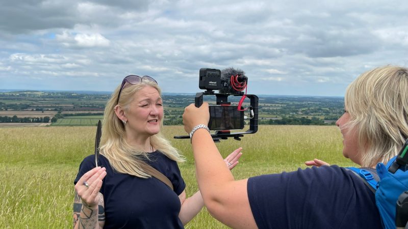 Helen is filming Kelly at the Uffington White Horse in Oxfordshire, UK